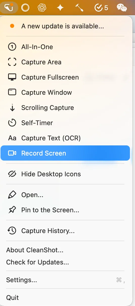 CleanShot X menu showing Record Screen alongside screenshot, scrolling capture, OCR, and capture history tools
