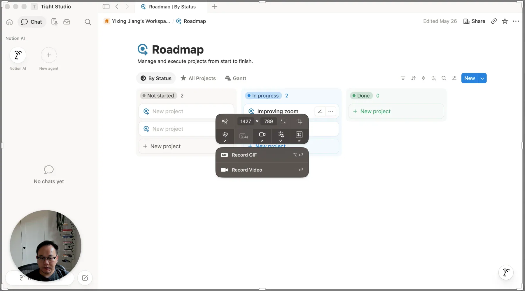 CleanShot X recording-area picker showing screen, microphone, system audio, camera, and capture controls
