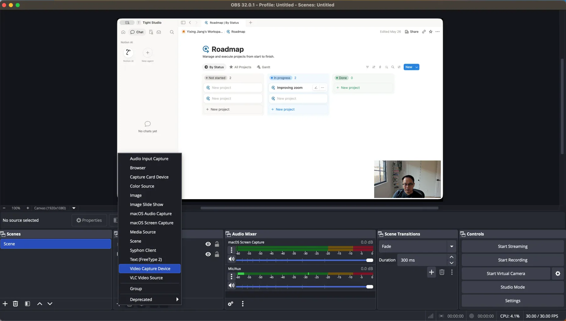 OBS Studio canvas showing separate screen and webcam sources, audio controls, scene transitions, and the source menu