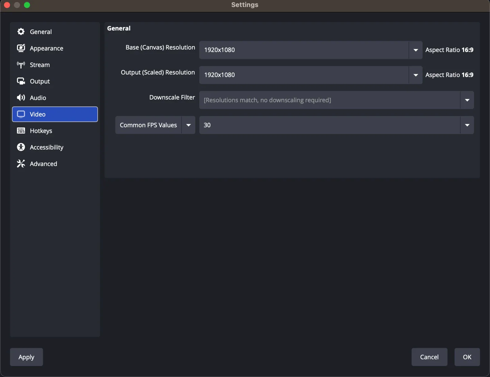OBS Studio video settings configured for a 1920x1080 canvas and output at 30 fps