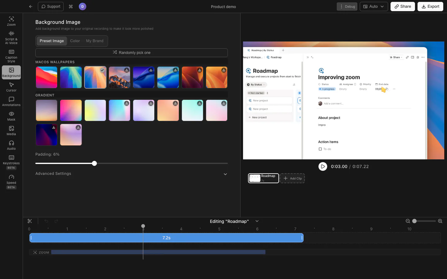 Mac wallpaper and gradient background presets in Tight Studio
