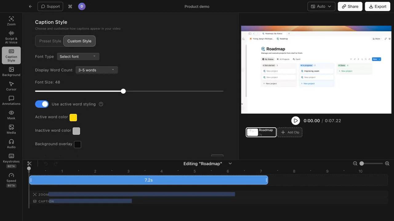 Tight Studio custom caption controls for font, word count, size, active color, background, and vertical position