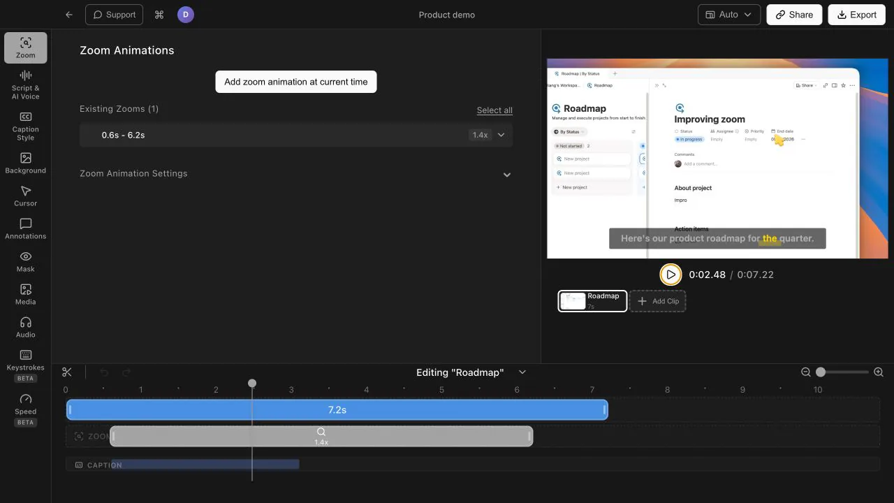 Styled sentence caption rendered directly over a product roadmap video in Tight Studio