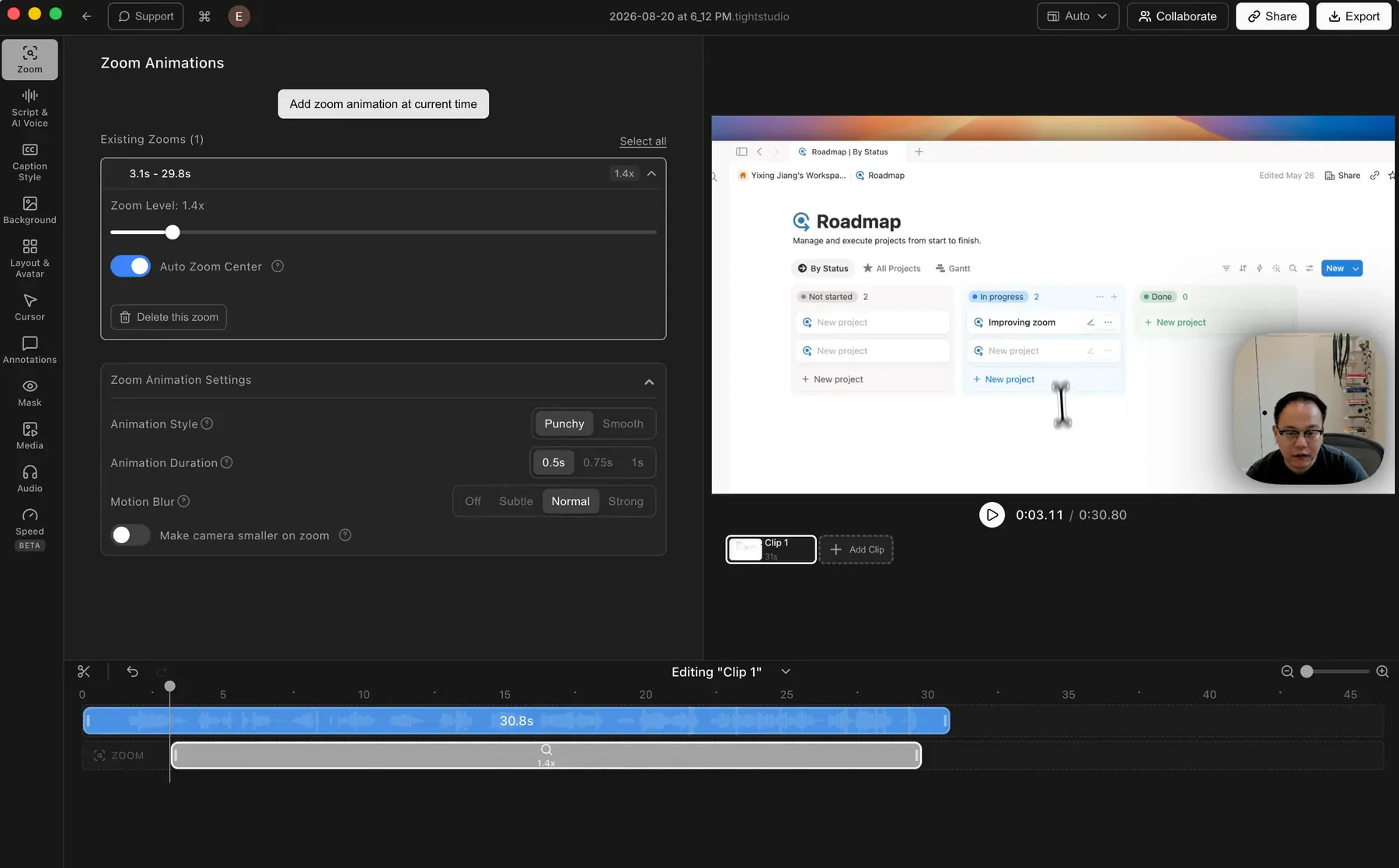 Tight Studio zoom editor showing the Auto Zoom Center control, zoom level, video preview, and an editable zoom segment on the timeline