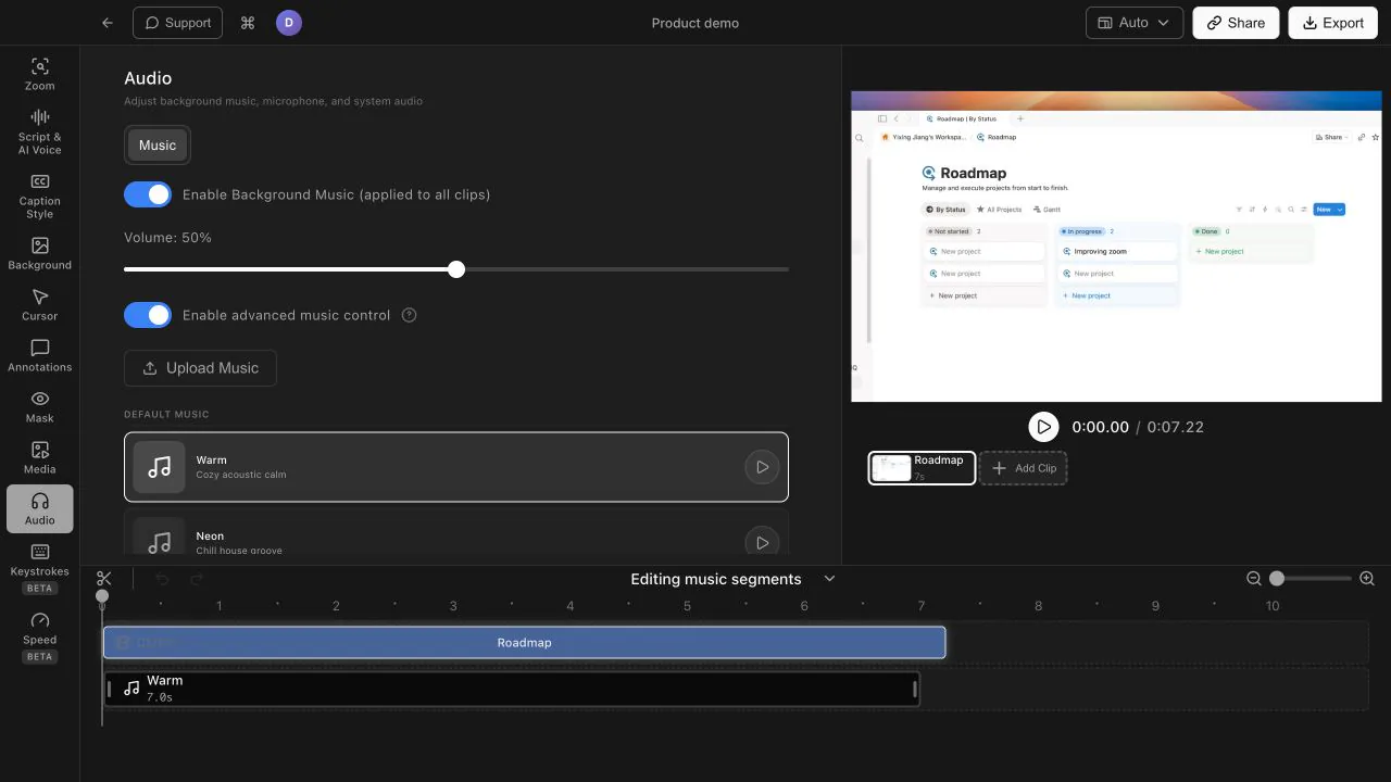 Tight Studio Audio panel showing the Warm and Neon tracks in its built-in music library