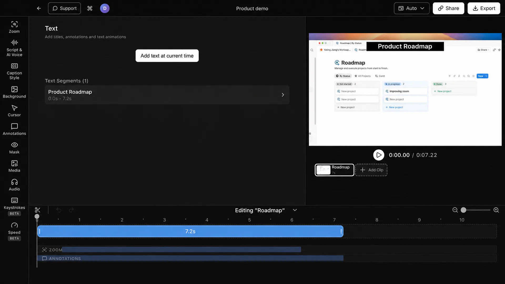 Adding a Product Roadmap text overlay to a screen recording in Tight Studio