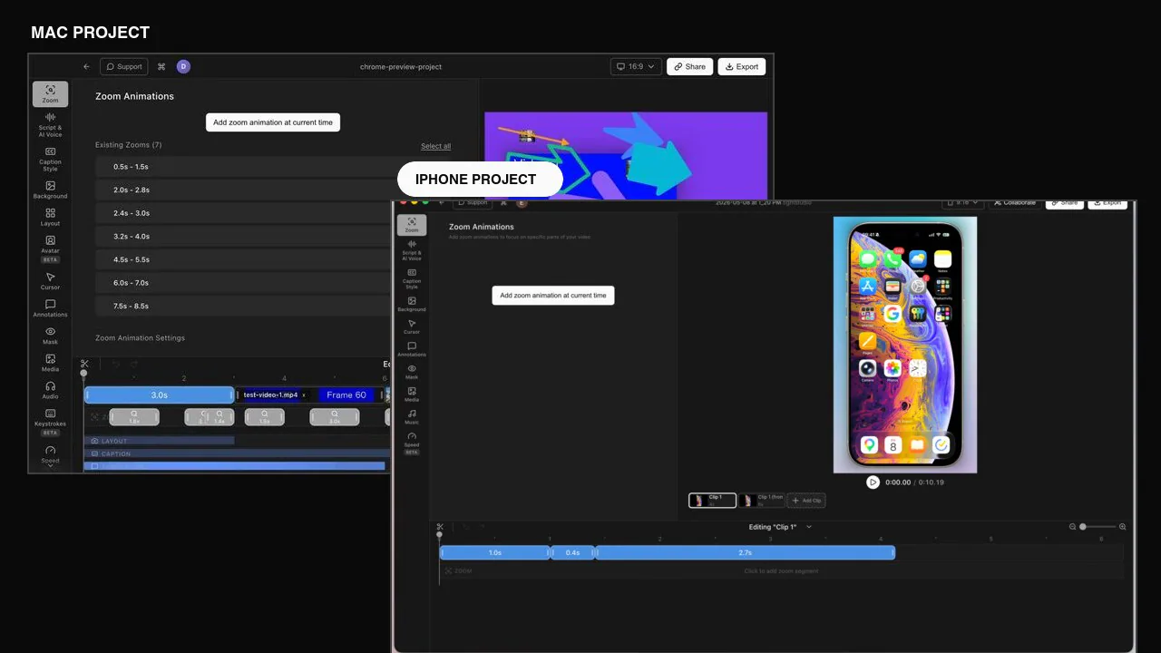 Mac and iPhone Tight Studio projects paired together to show one cross-device video workflow