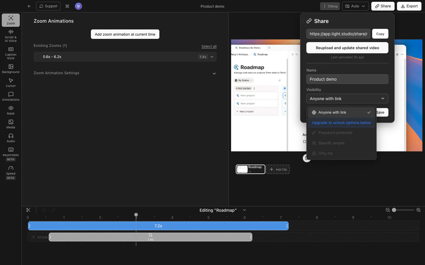 Tight Studio Share panel showing an existing share URL and visibility choices for anyone with the link, password protection, specific people, and private access
