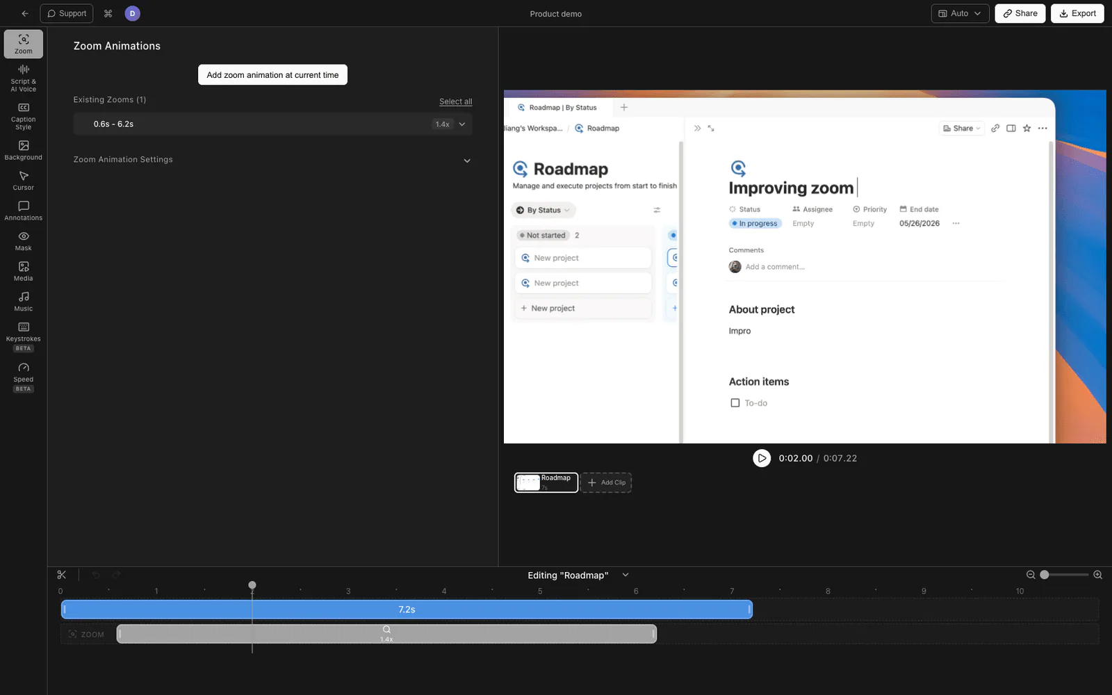 Smart zoom settings and a polished product walkthrough in Tight Studio