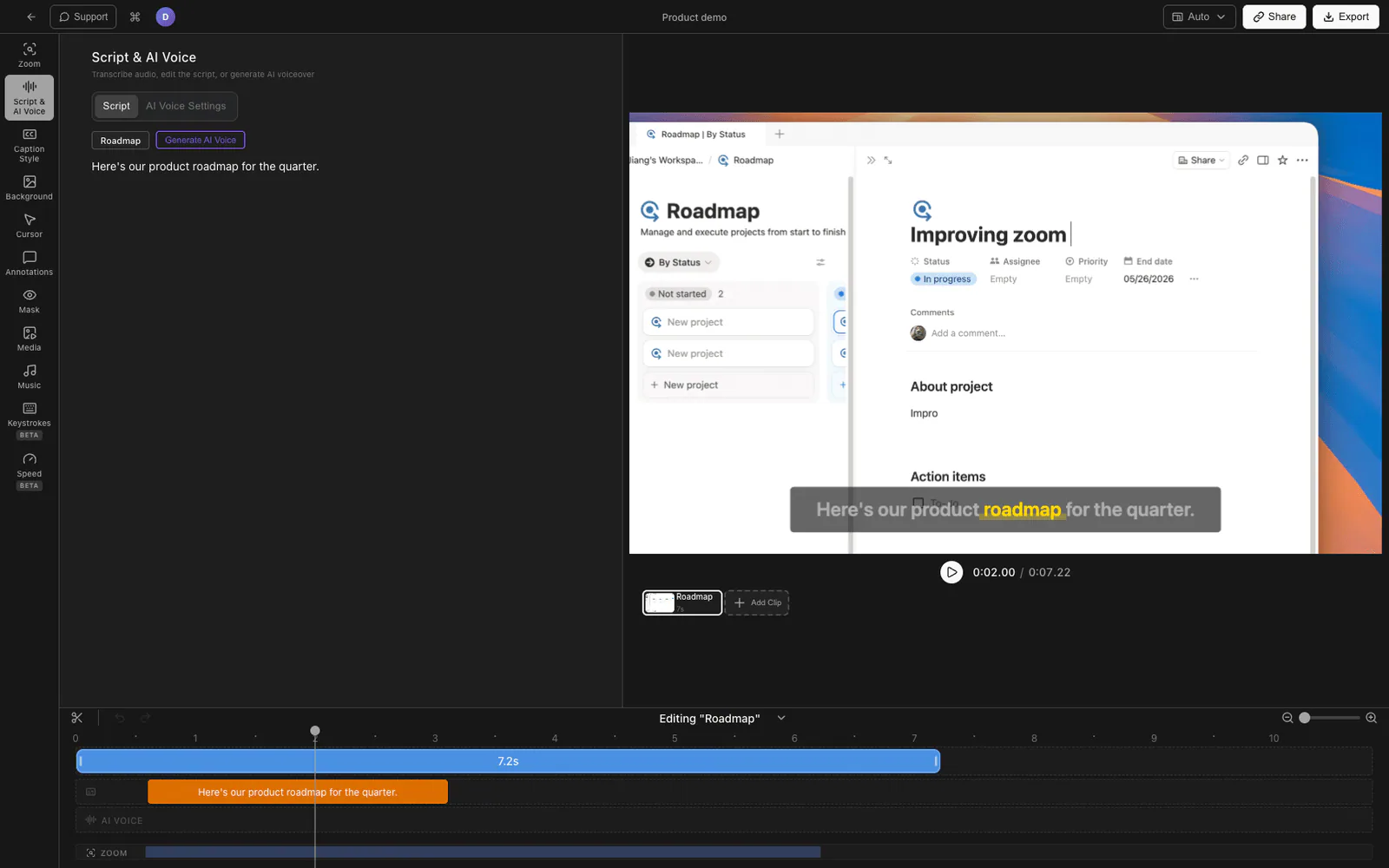 AI voiceover script and voice controls in Tight Studio