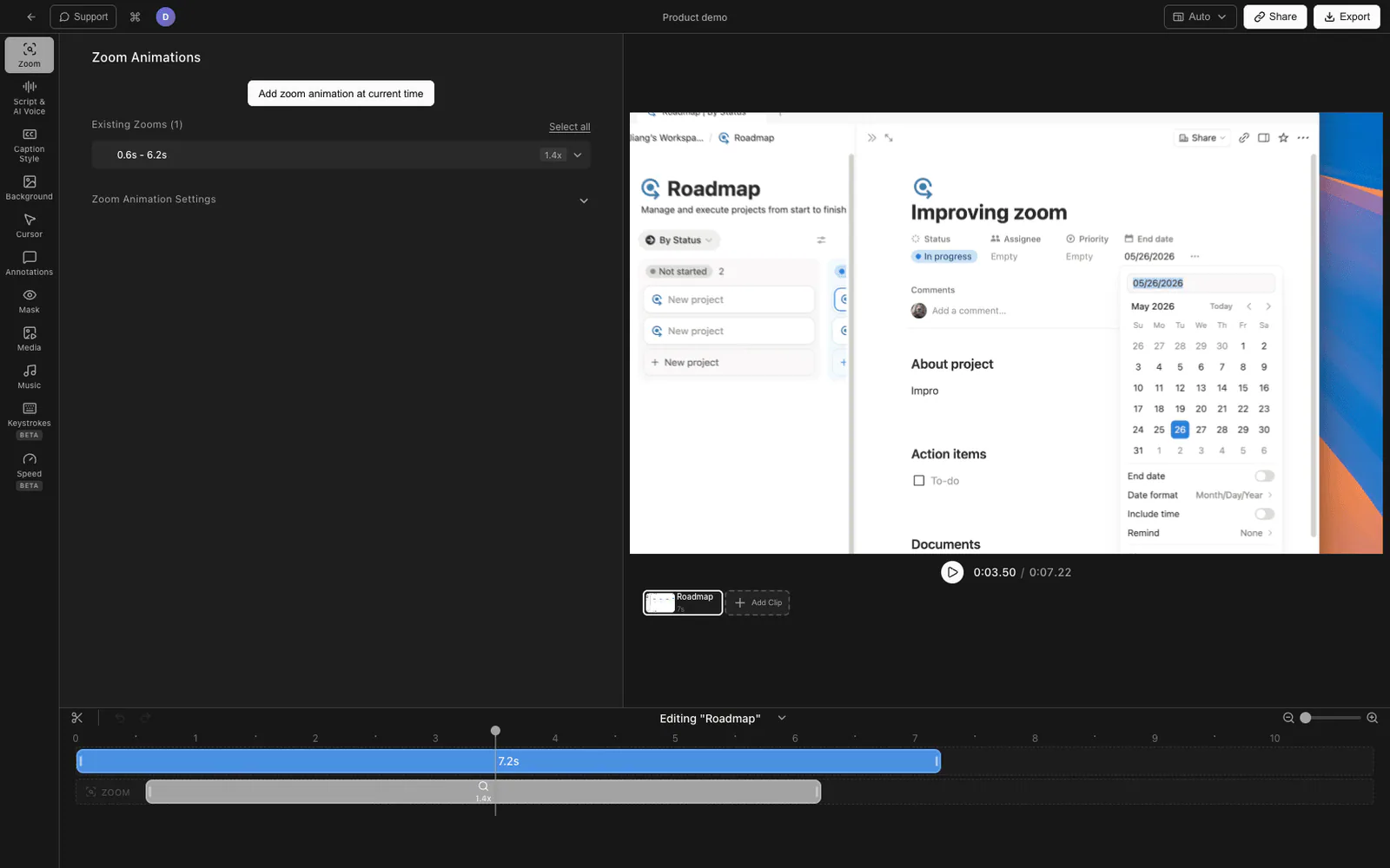 Tight Studio product demo with zoom and cursor animation
