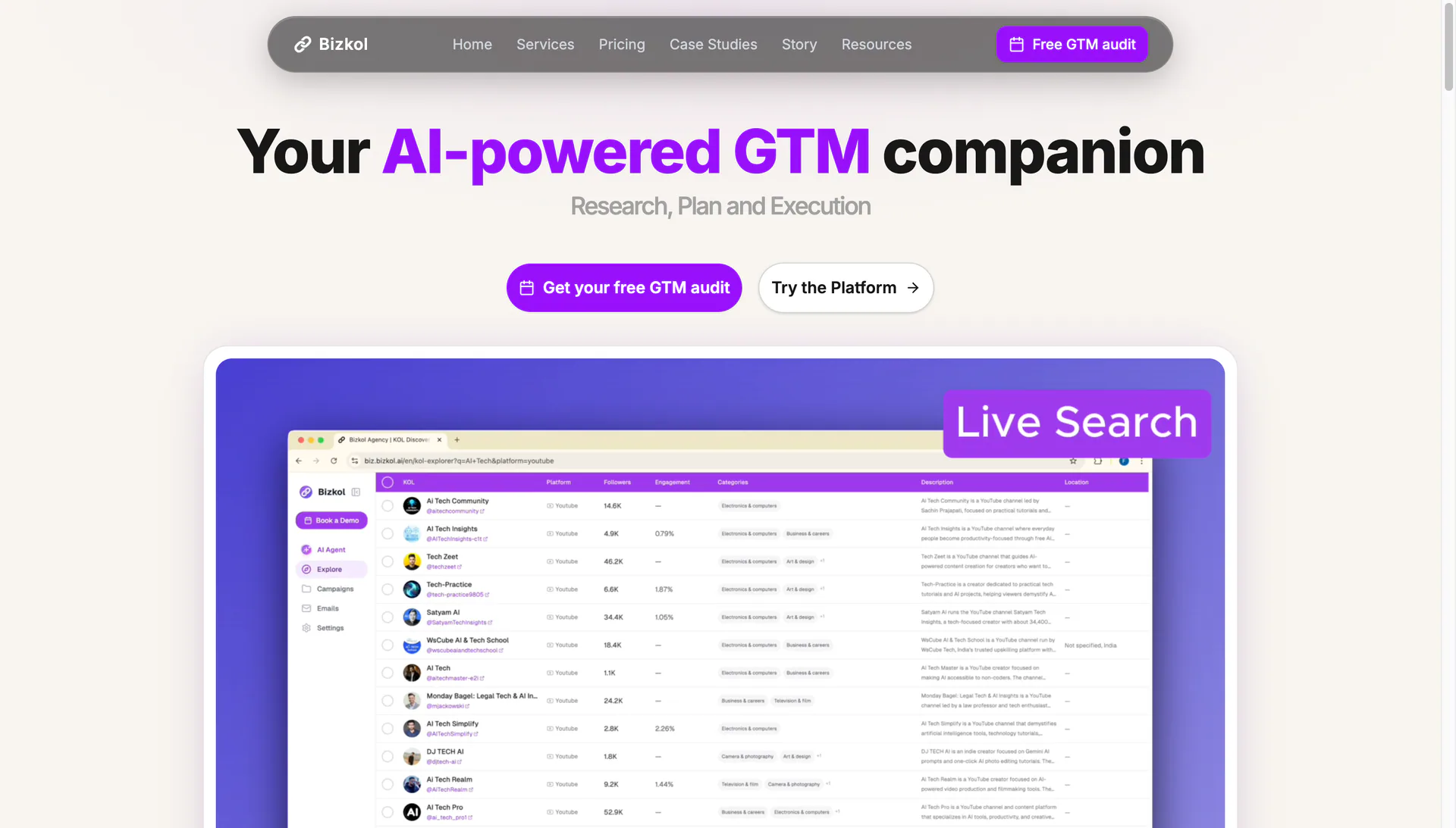Bizkol creator search dashboard with AI-powered KOL matching