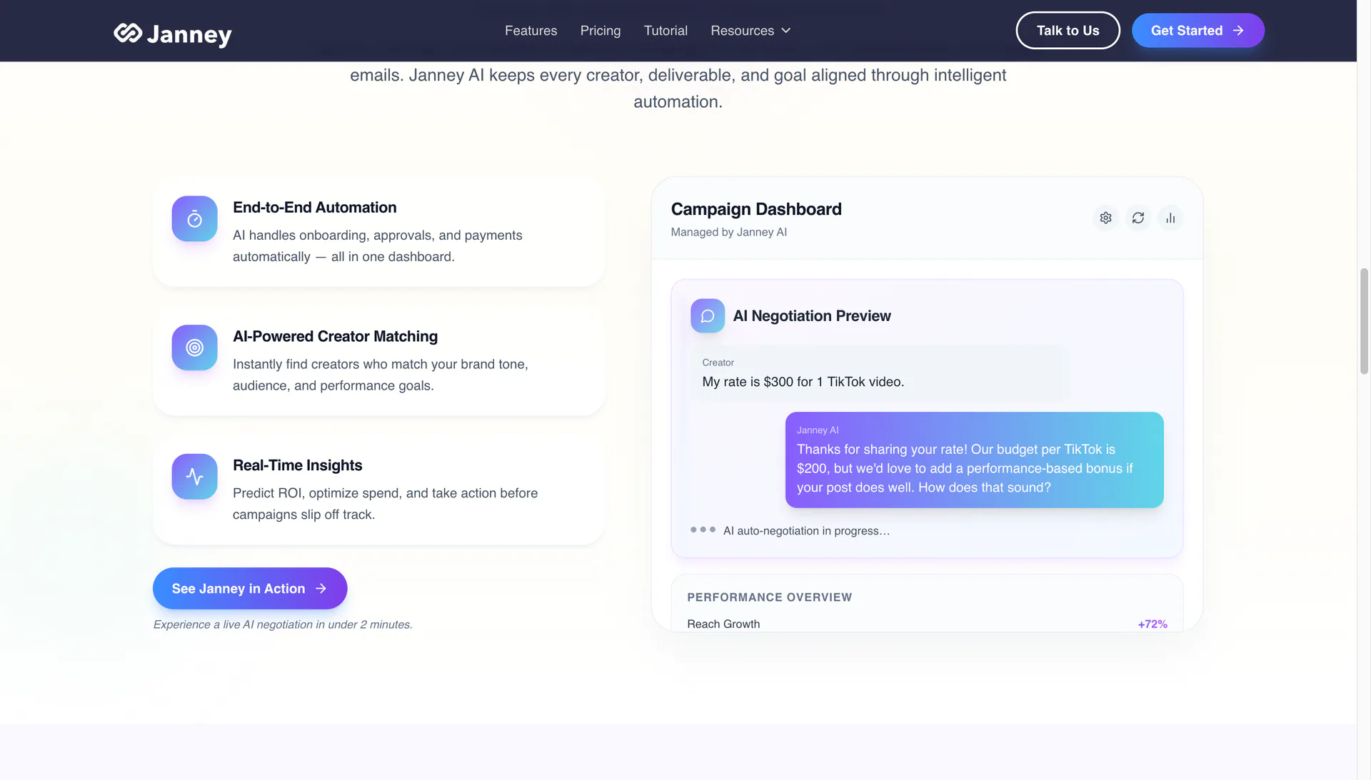 Janney AI campaign dashboard with AI negotiation preview