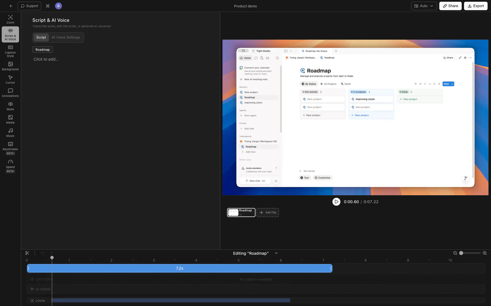 Tight Studio AI voiceover settings for a screen recording