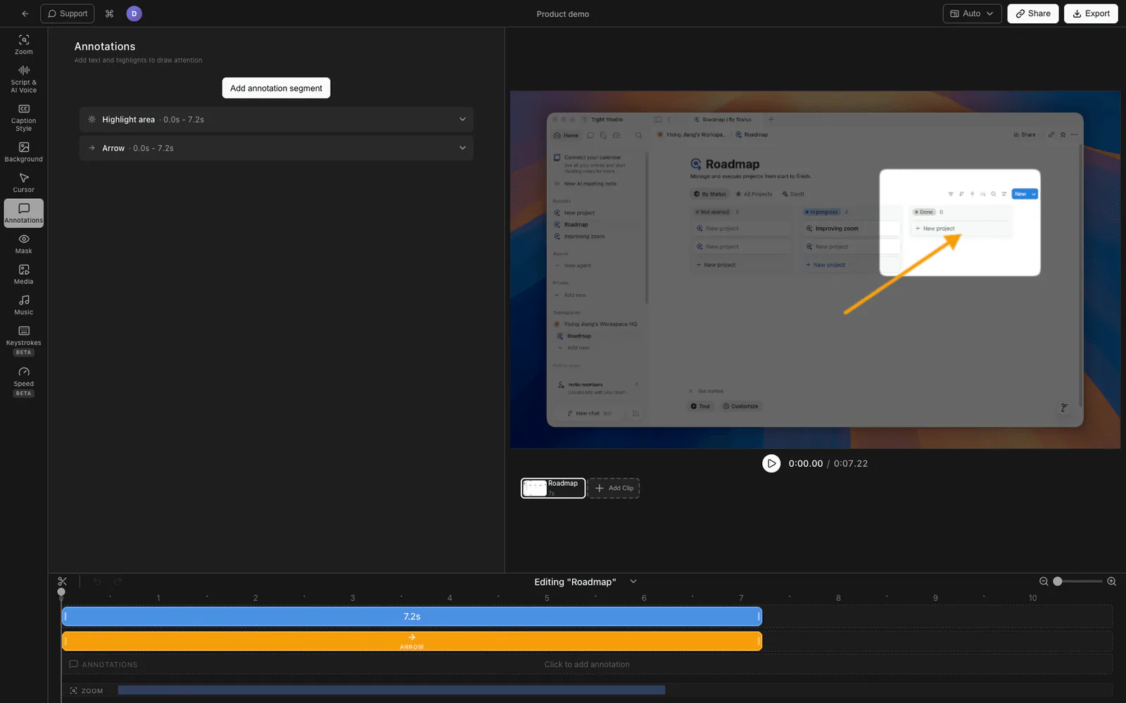 Tight Studio annotations panel with arrows and highlights on a screen recording