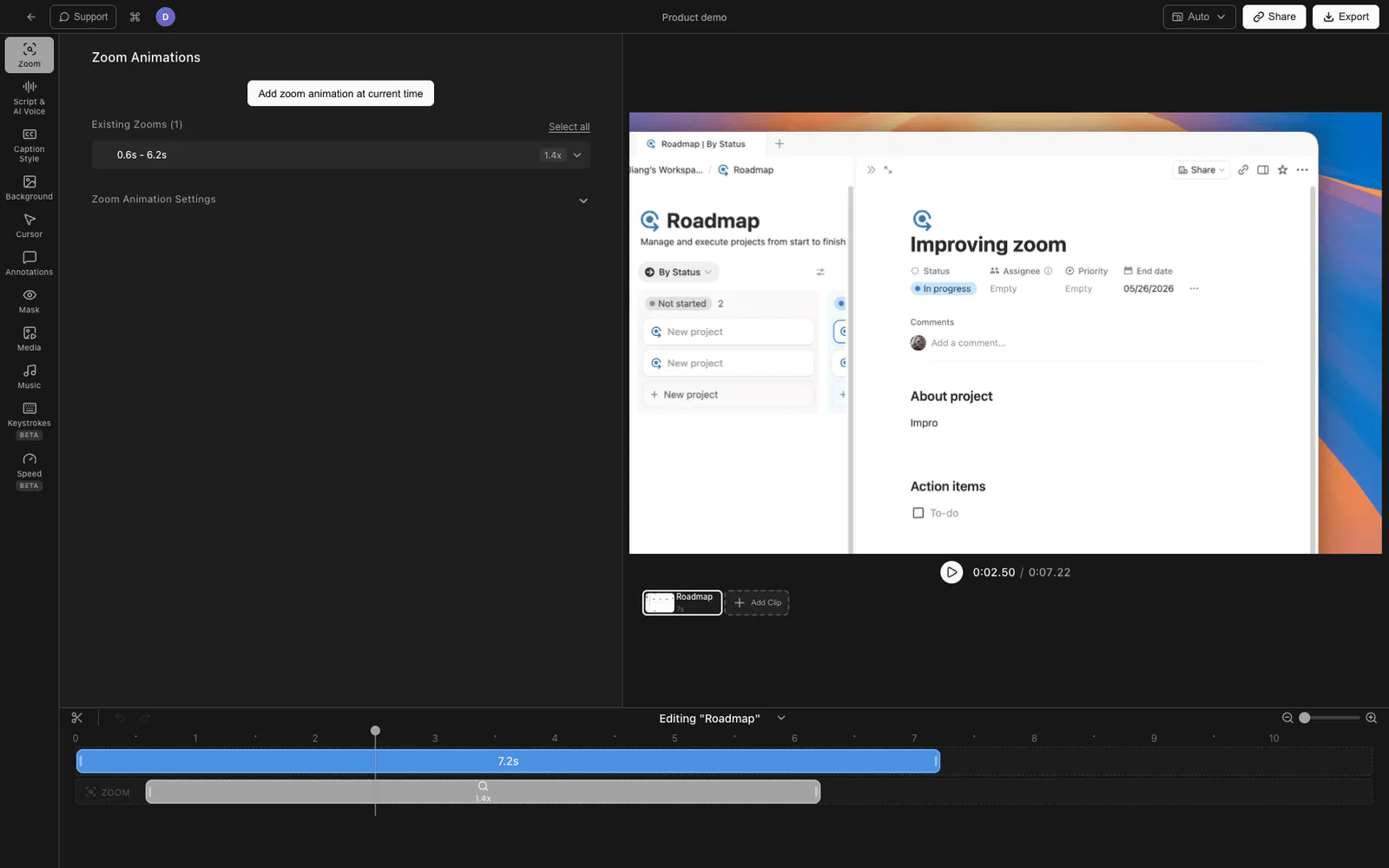Tight Studio auto-zoom panel applied to a screen recording