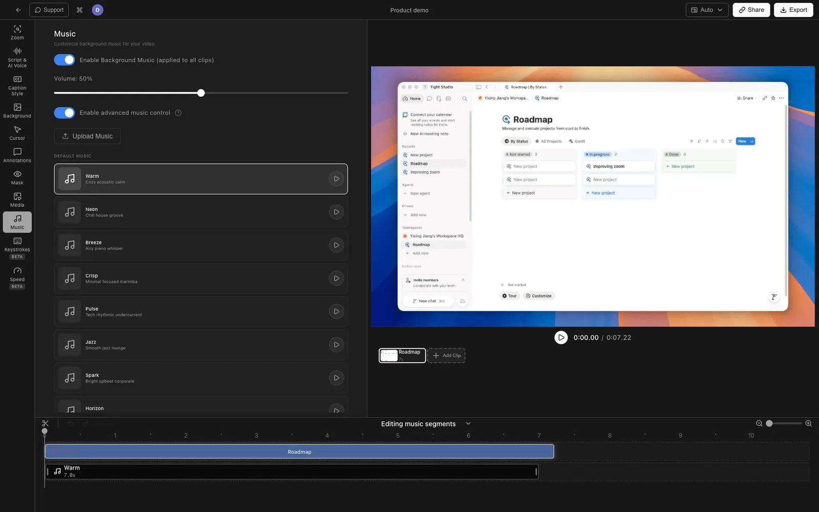 Tight Studio music panel adding background music to a screen recording