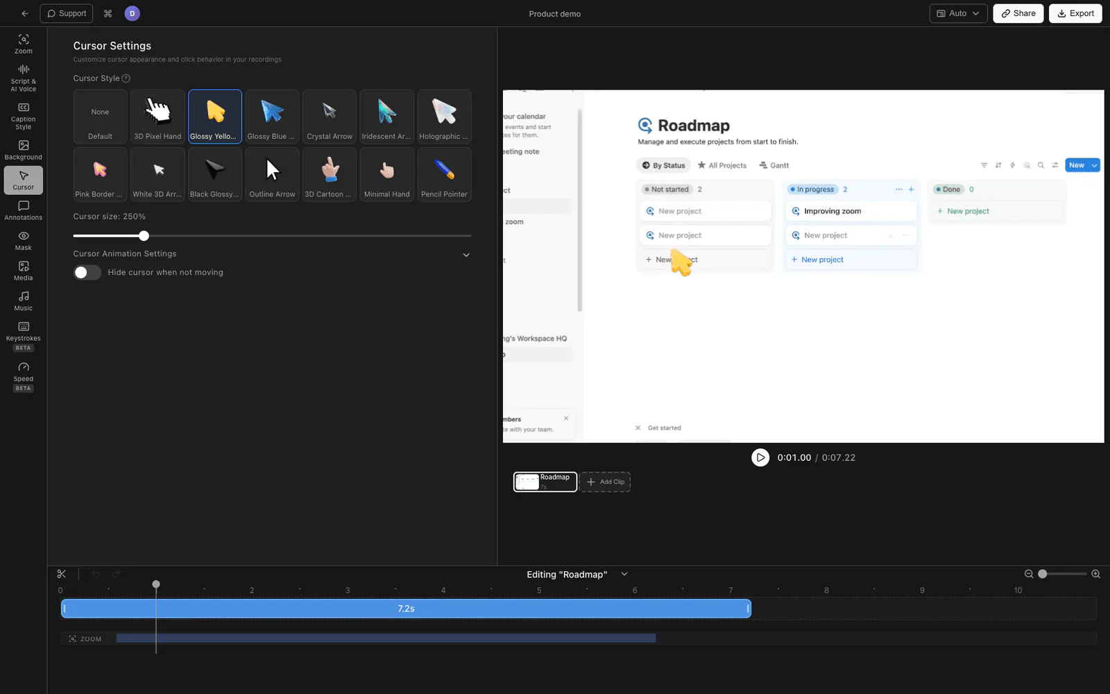 Tight Studio cursor and click settings, including click sound effects
