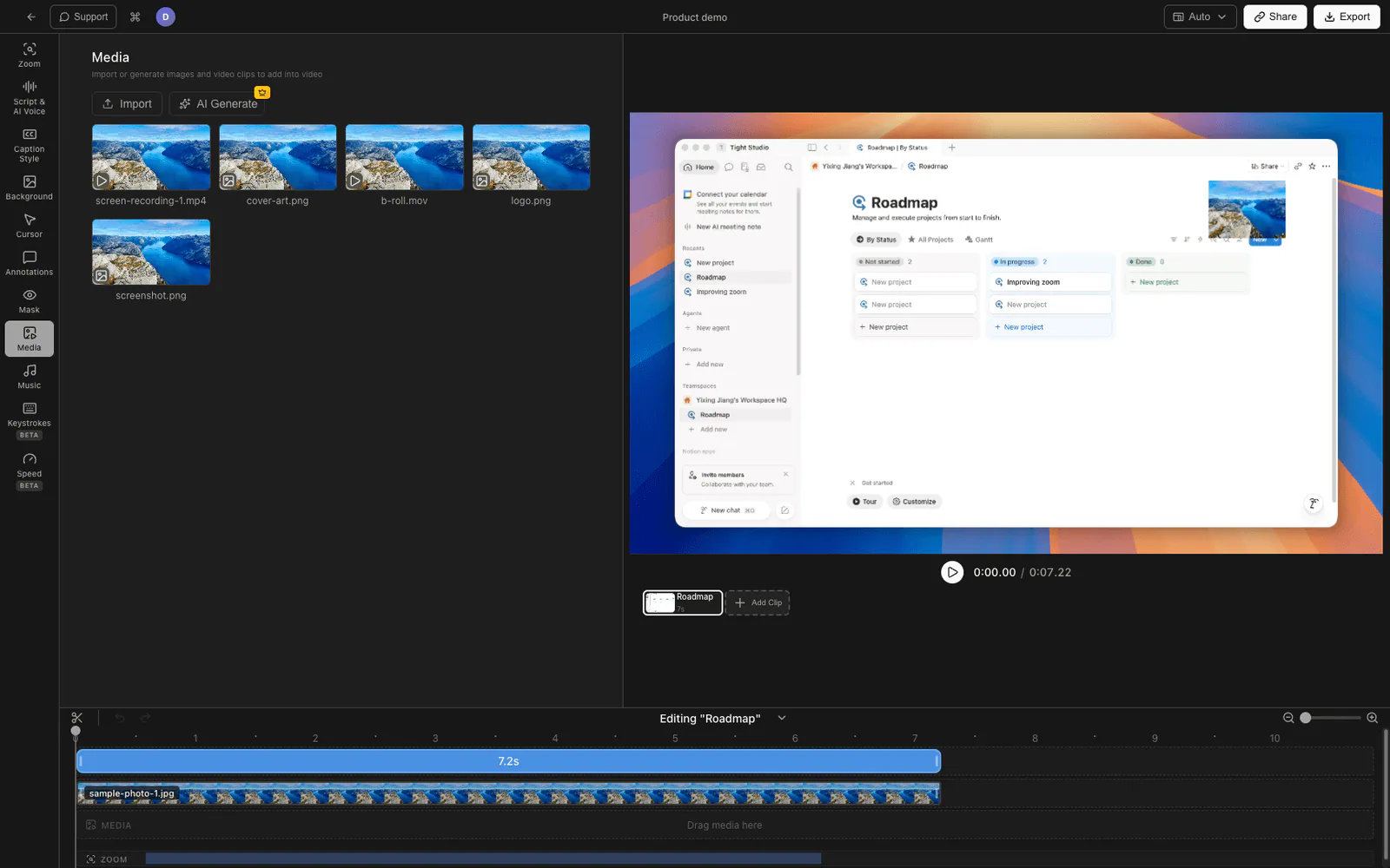 Tight Studio media panel adding images over a screen recording
