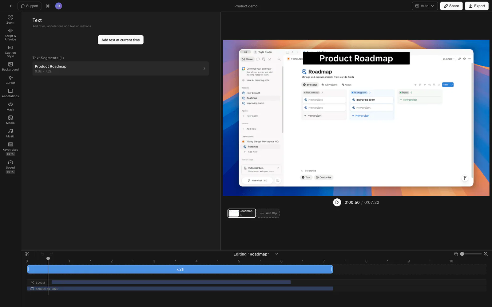 Tight Studio text overlay panel adding a title to a video