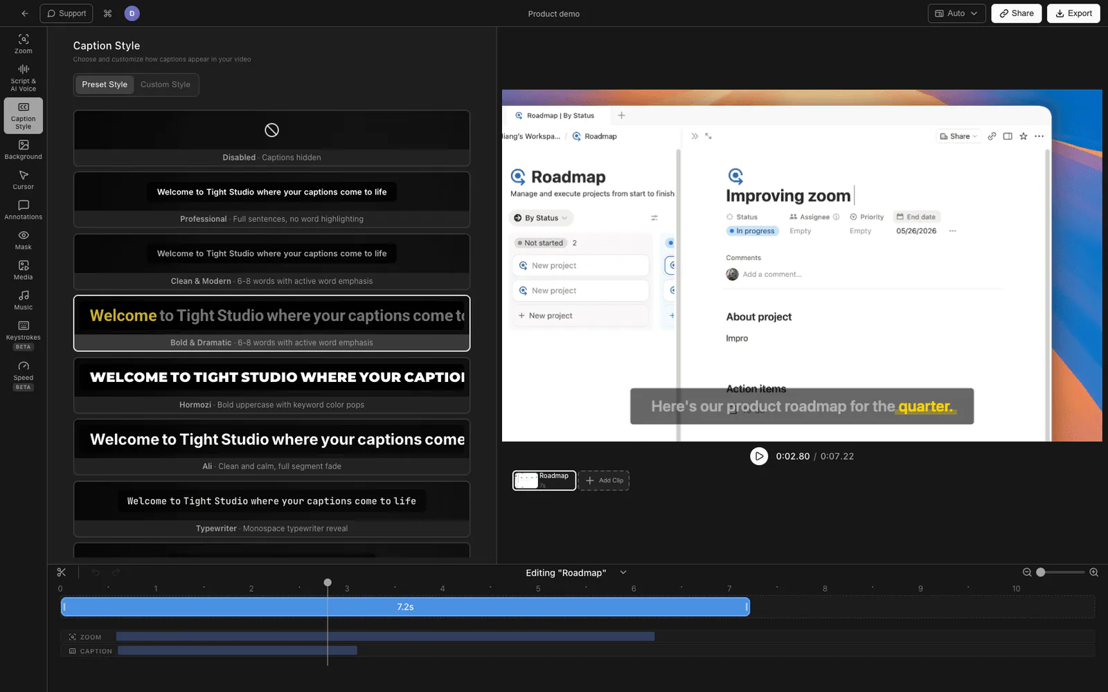 Tight Studio editor producing an employee training video with captions