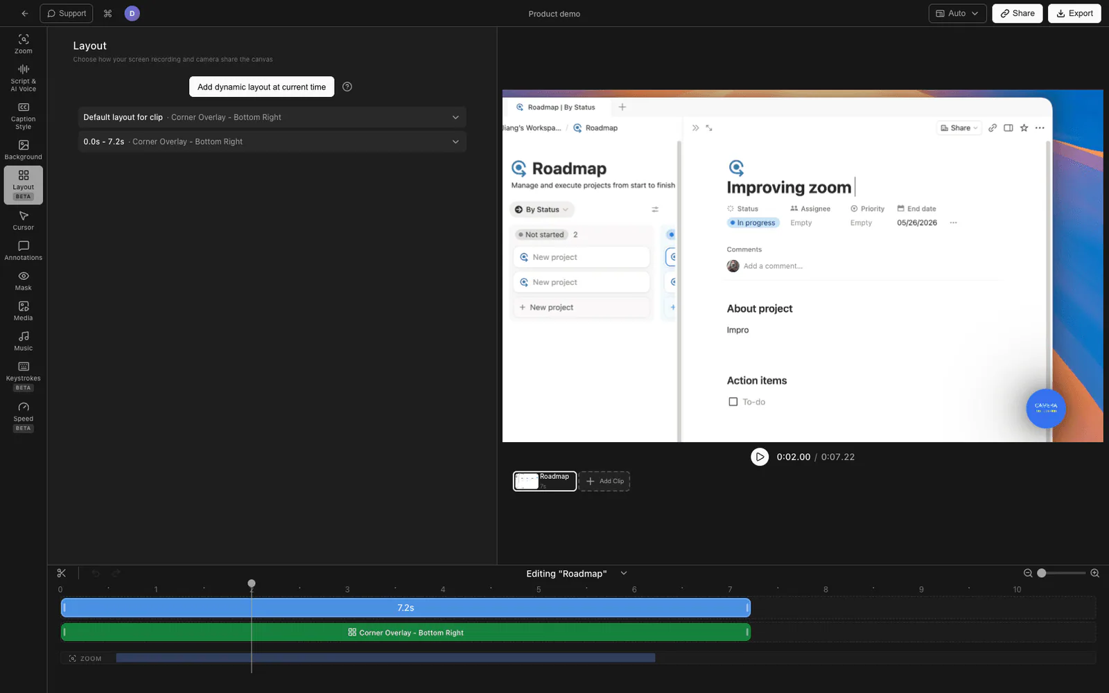 Tight Studio camera layout panel repositioning a webcam overlay
