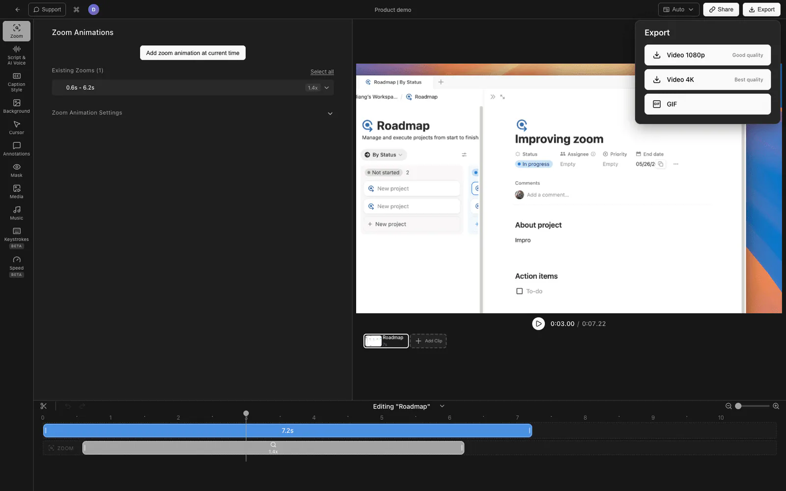 Tight Studio export and share dialog for a screen recording
