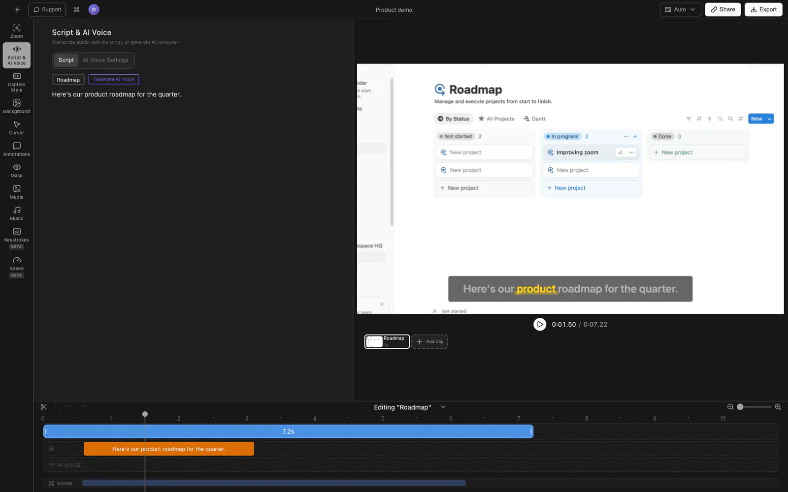 Tight Studio captions panel for removing filler words