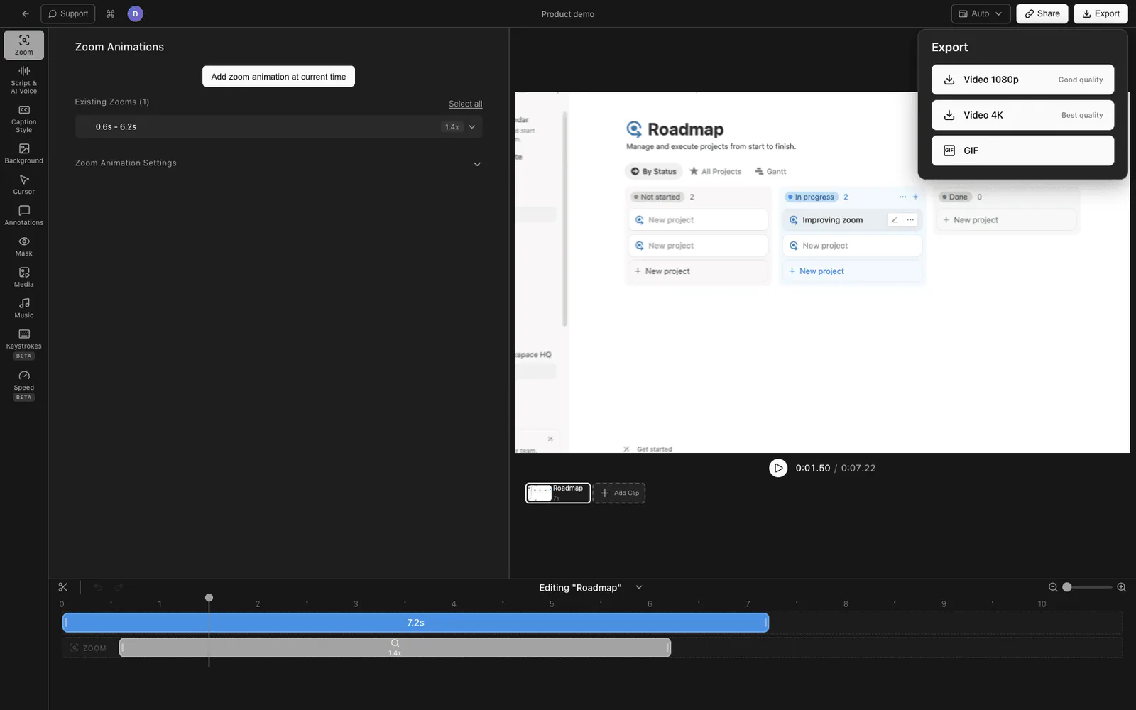 Tight Studio export menu for sharing a screen recording link
