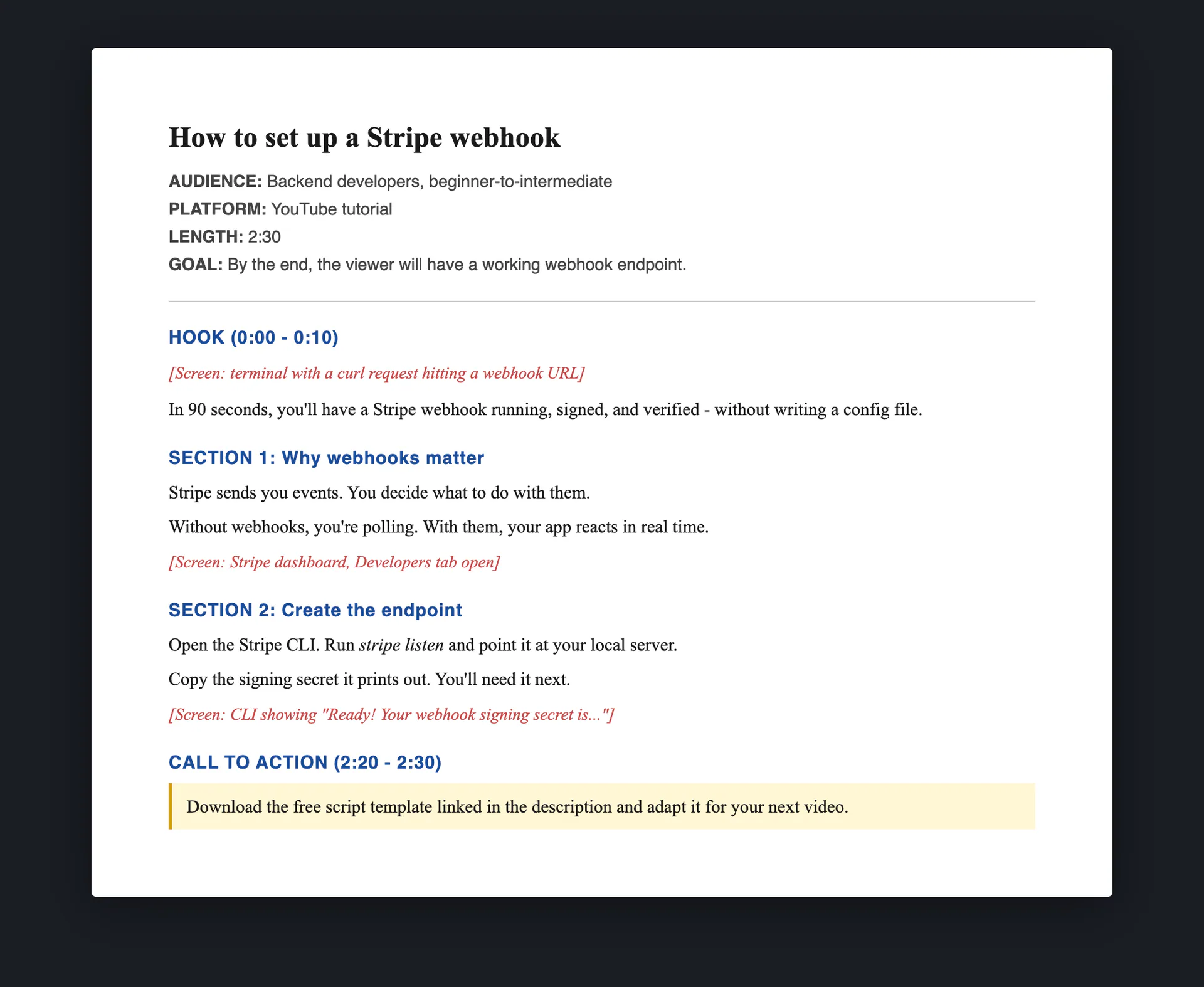 Example video script formatted with hook, sections, visual cues, and call to action