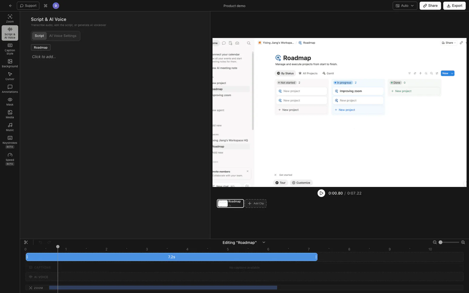 Tight Studio AI voice settings with voice selection and clone-my-voice option