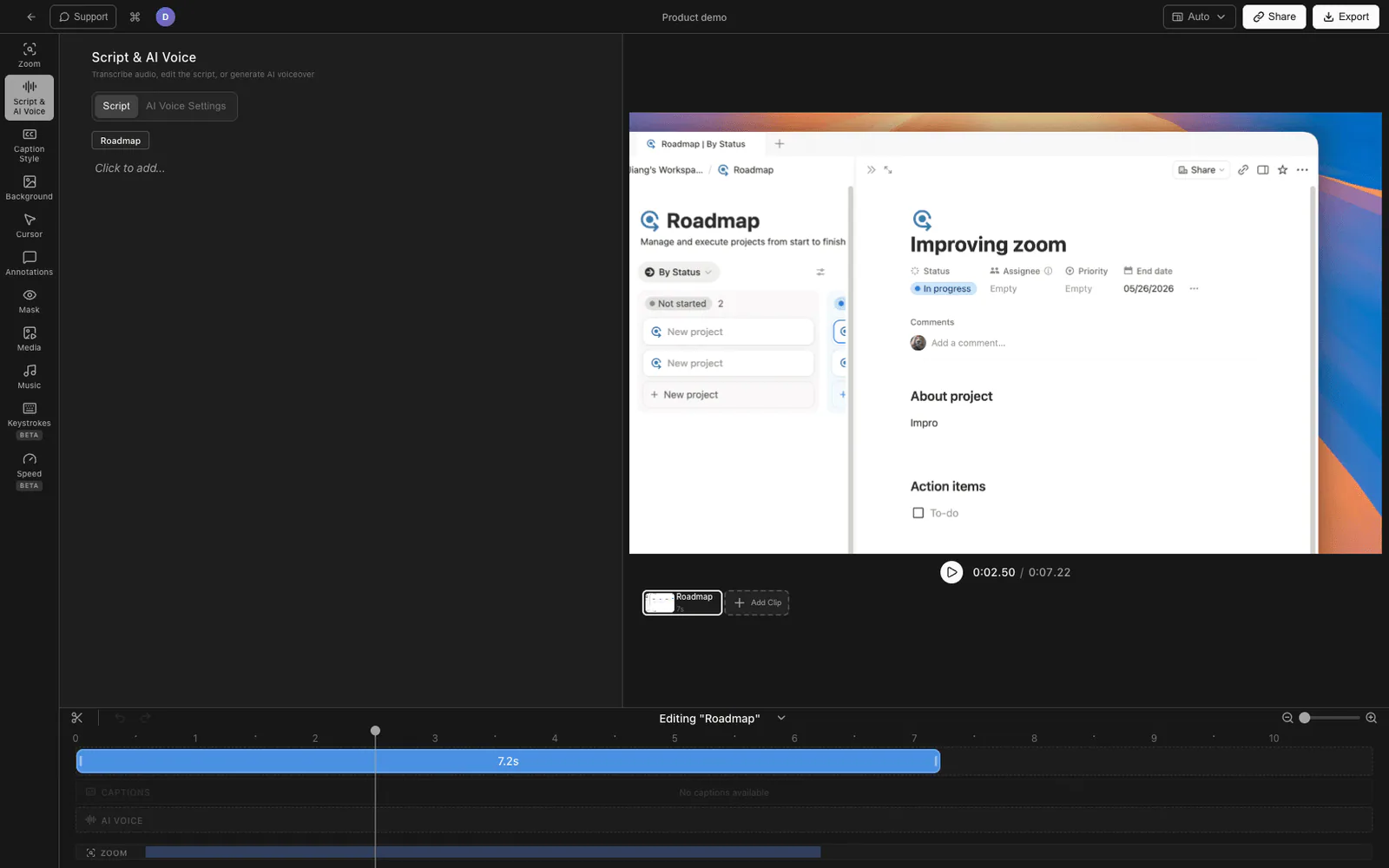 Tight Studio Script and AI Voice panel showing per-clip script editing and AI voiceover generation
