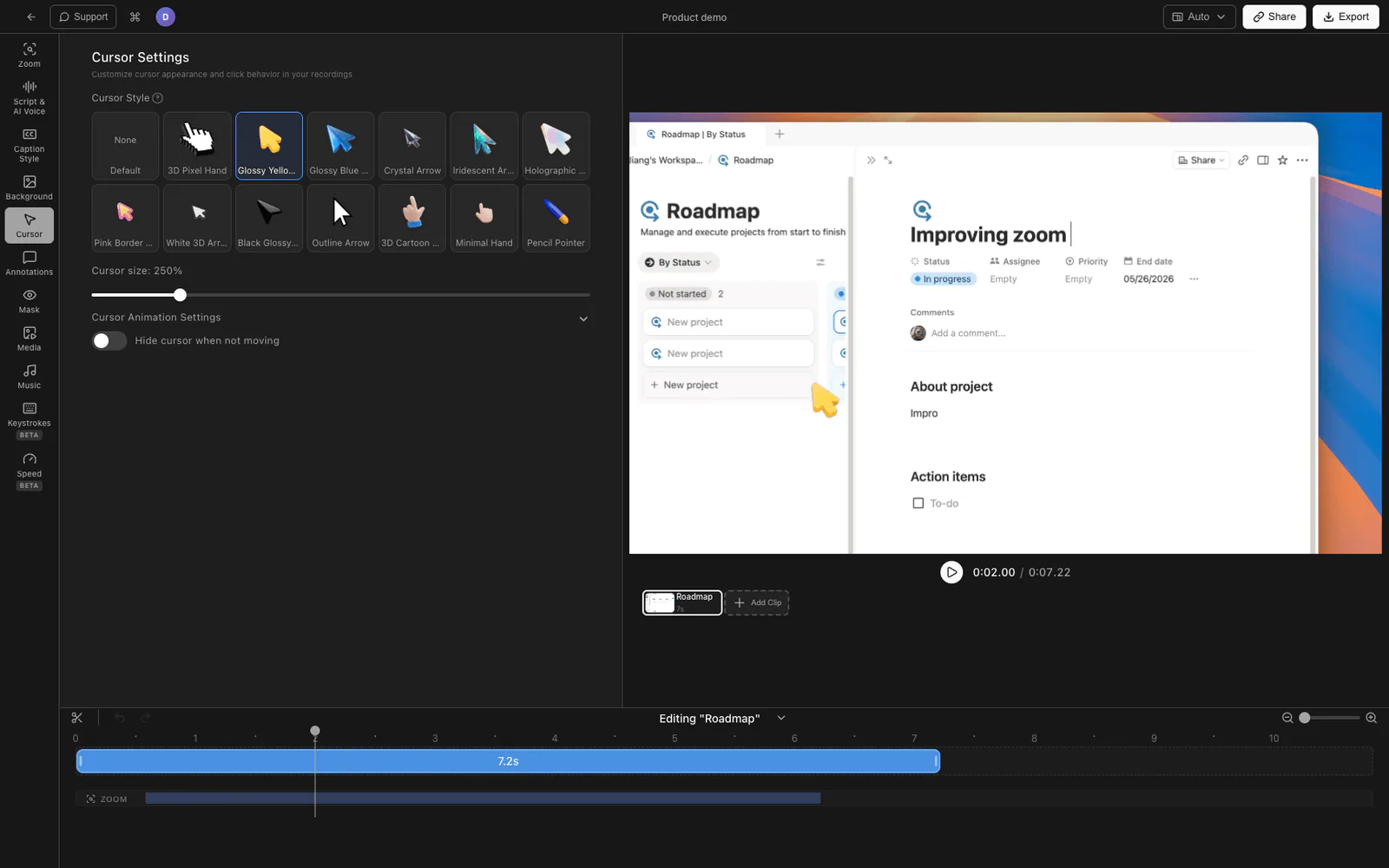 Tight Studio editor with cursor highlight after recording