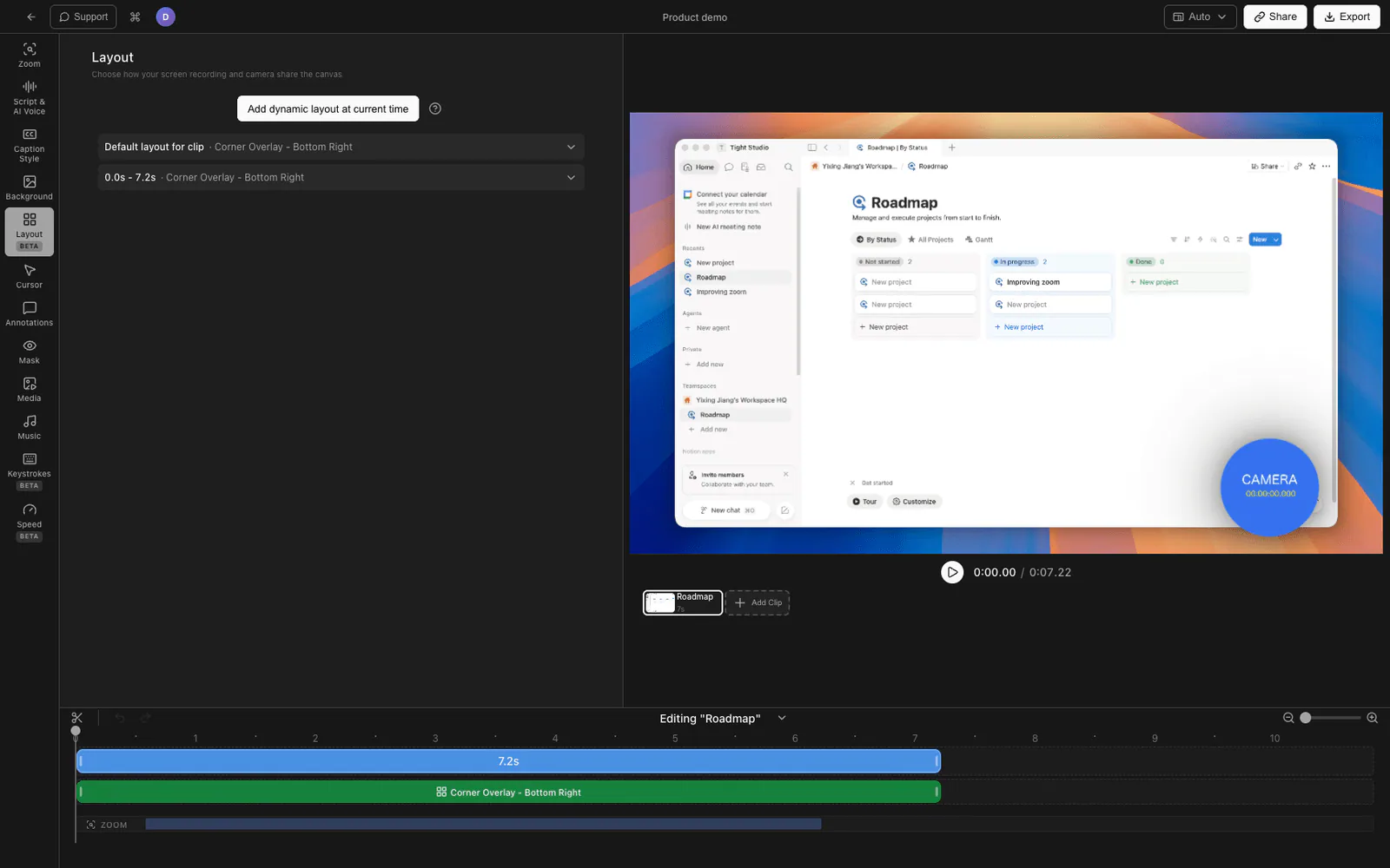 Tight Studio screen recording with a rounded webcam camera overlay