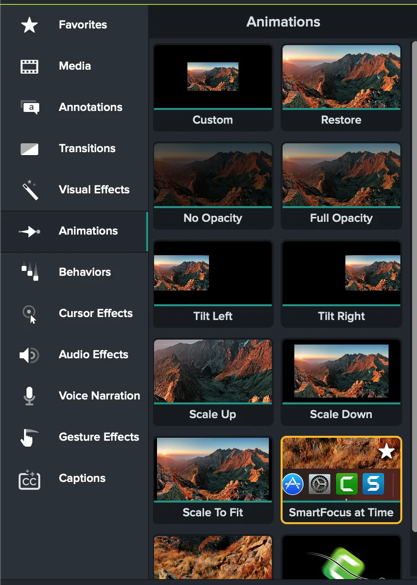 Camtasia Animations library showing custom, restore, opacity, tilt, scale, SmartFocus, and motion-path controls