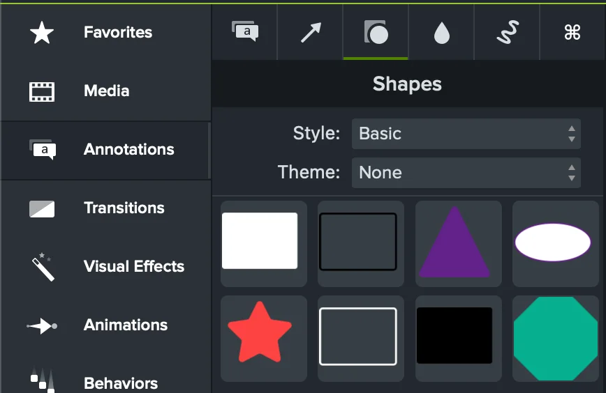 Camtasia Shapes annotation library showing styled rectangles, triangle, oval, star, and octagon presets with Style and Theme menus