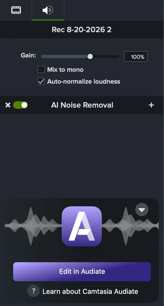 Camtasia audio properties showing gain, Mix to mono, Auto-normalize loudness, AI Noise Removal, and an Edit in Audiate button