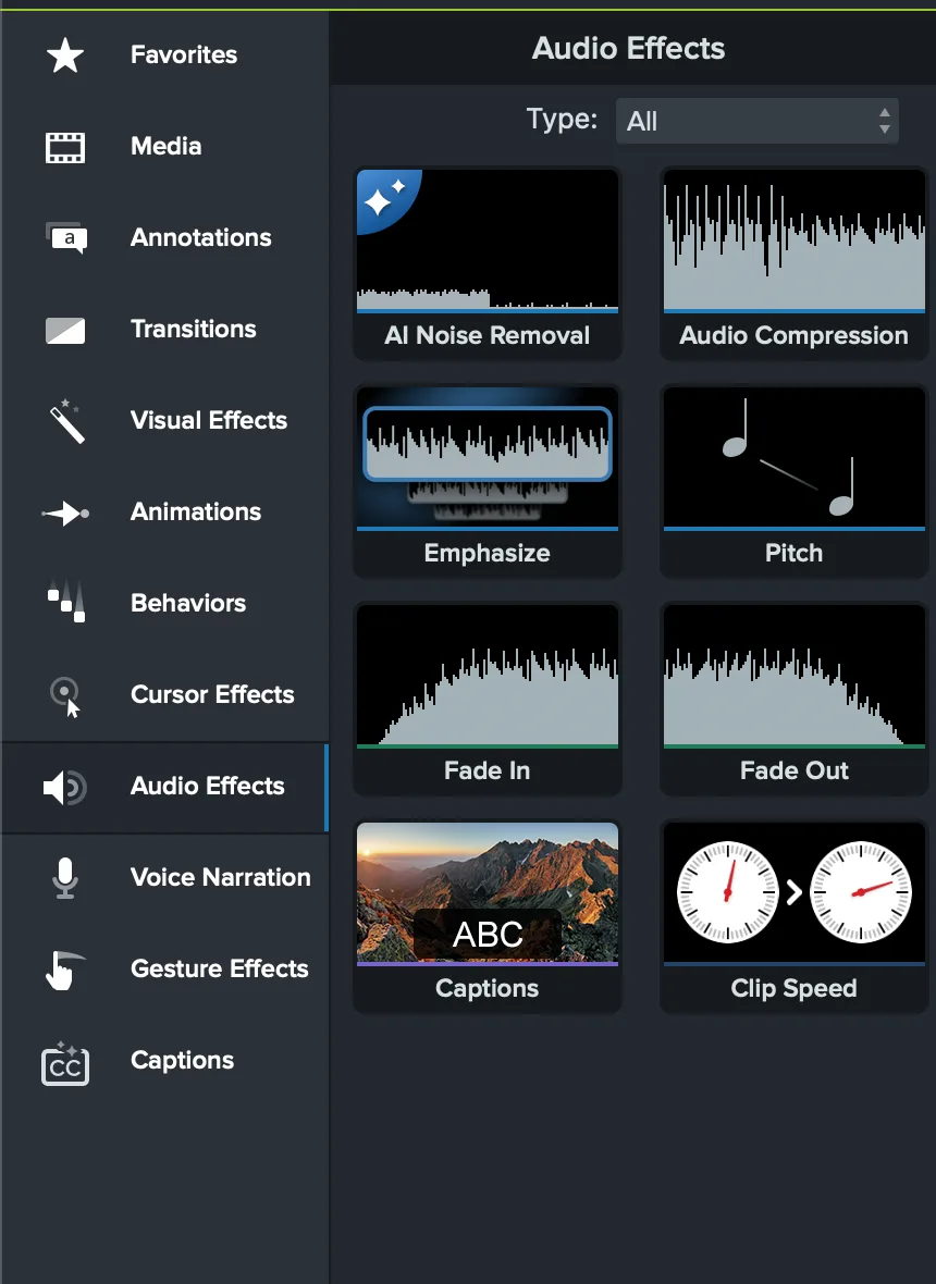 Camtasia Audio Effects library showing AI Noise Removal, compression, emphasize, pitch, fade in, fade out, captions, and clip speed