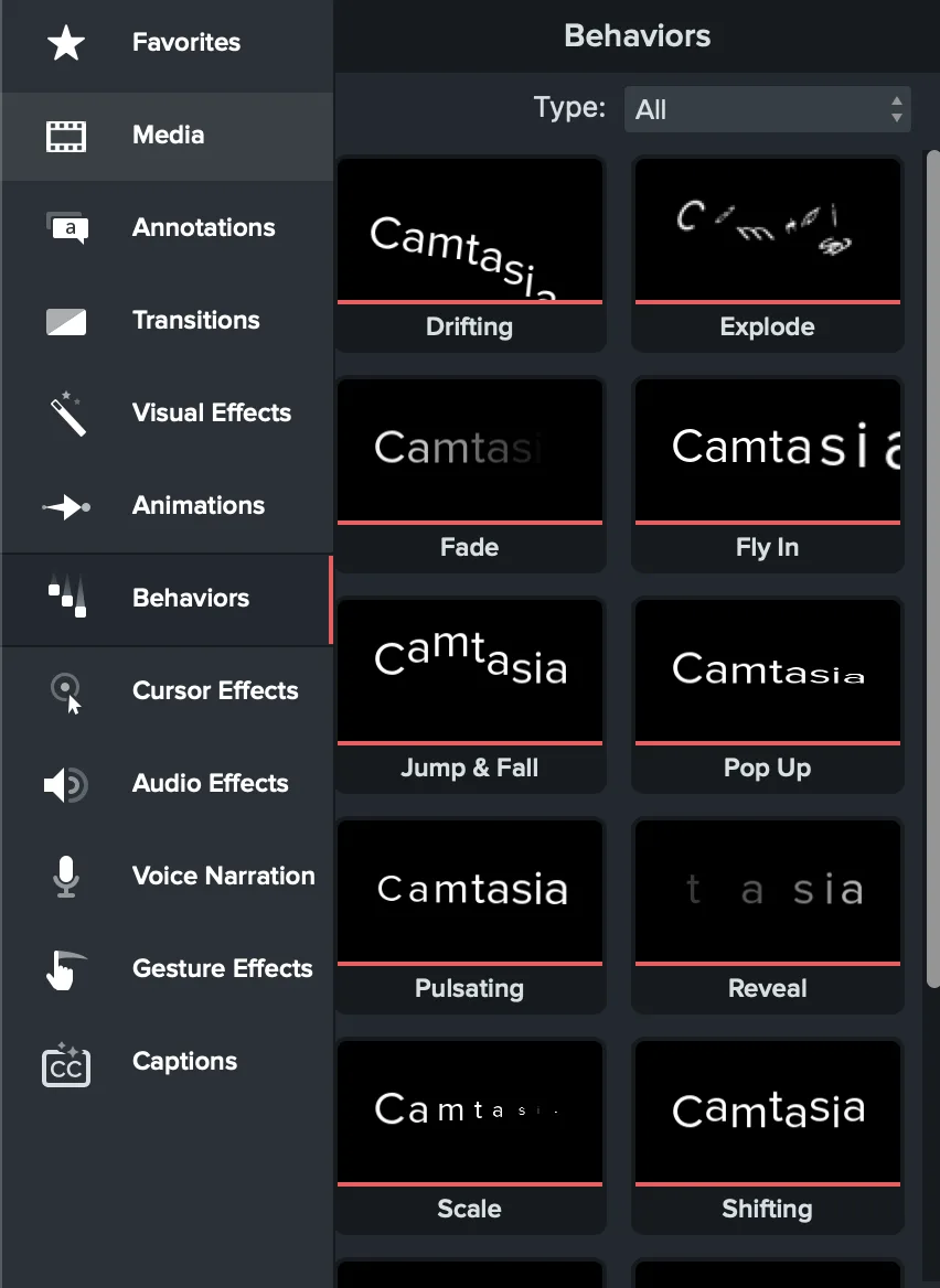 Camtasia Behaviors library showing drifting, explode, fade, fly in, jump and fall, pop up, pulsating, reveal, scale, and shifting presets