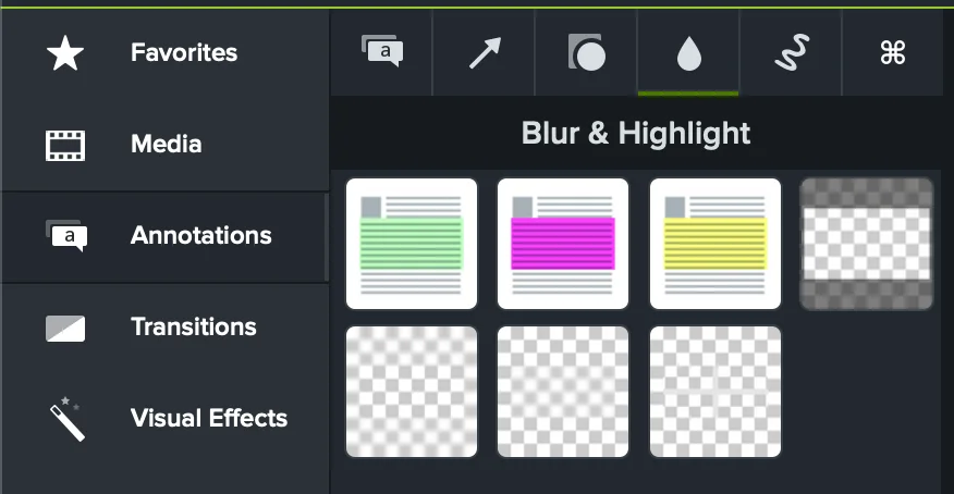 Camtasia Blur and Highlight annotation library showing multiple colored highlights, blur, pixelate, and spotlight-style masks