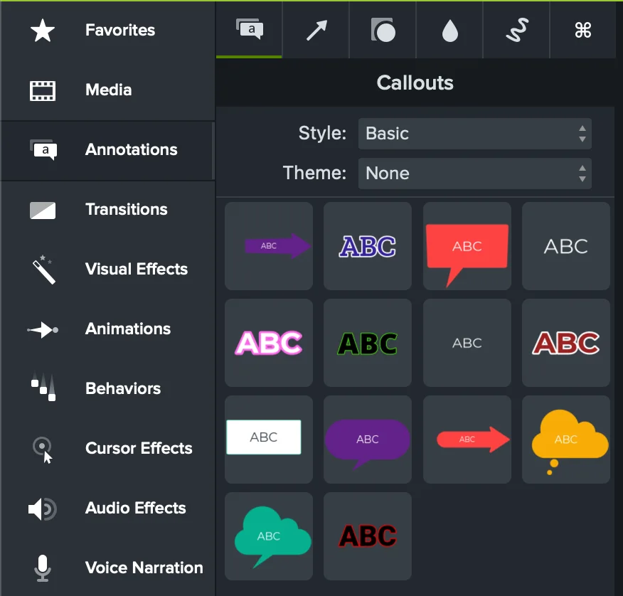 Camtasia Callouts annotation library showing text, speech bubble, arrow, cloud, label, and outlined text styles