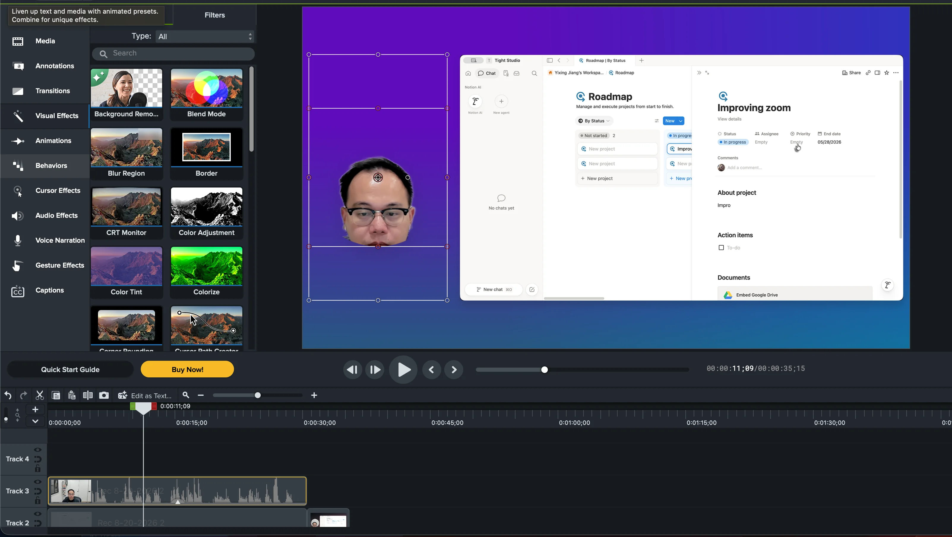Camtasia Editor showing Background Removal applied to a camera recording, leaving the presenter cut out over the project background beside the screen recording