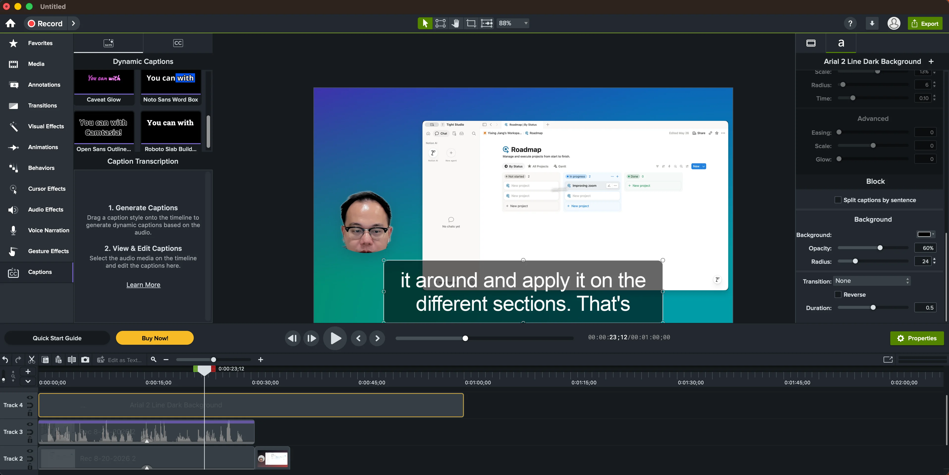 Camtasia Editor showing Dynamic Caption style presets, caption transcription instructions, a two-line caption on the canvas, and detailed typography, animation, block, and background properties