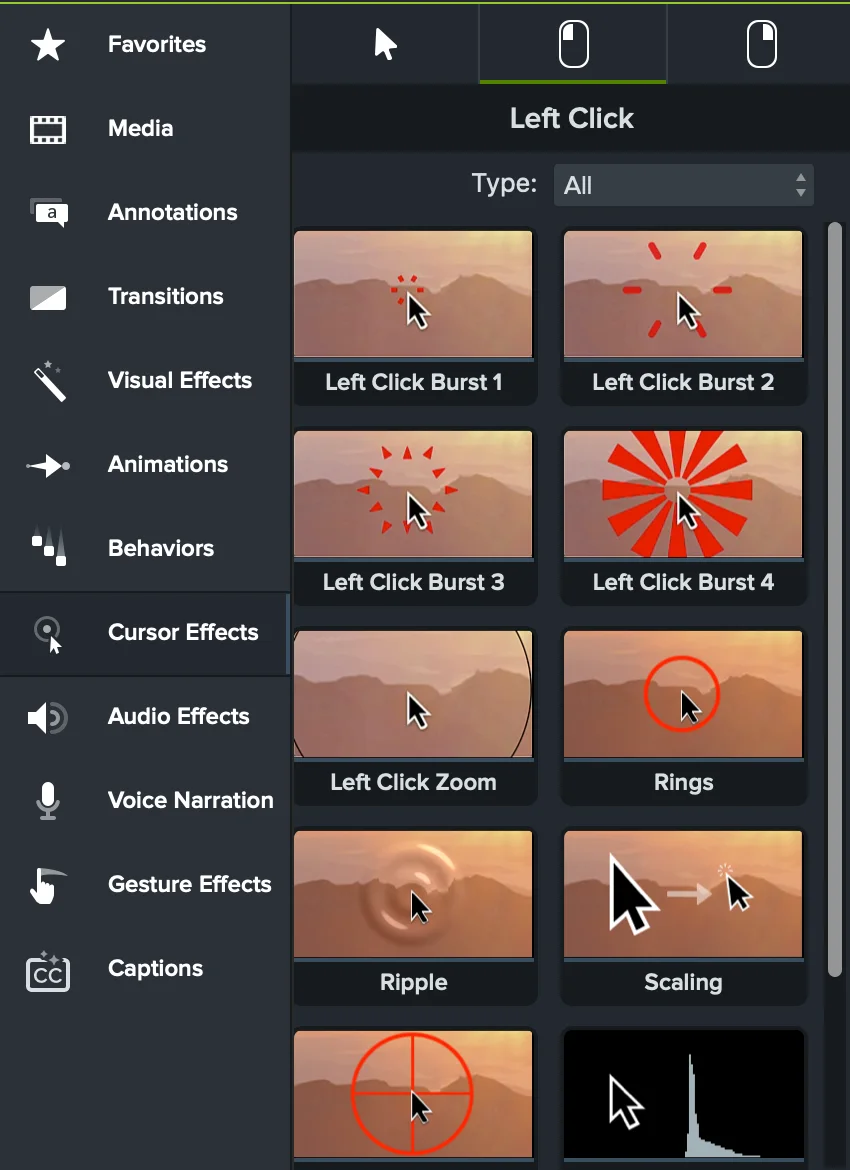 Camtasia Left Click effects library showing four burst styles, click zoom, rings, ripple, and scaling effects