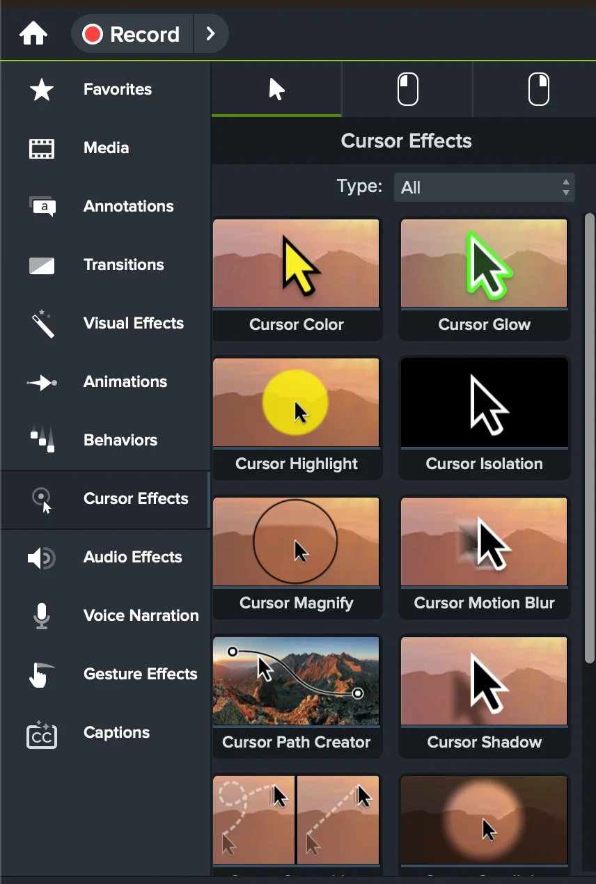 Camtasia Cursor Effects library showing cursor color, glow, highlight, isolation, magnify, motion blur, path creator, and shadow effects