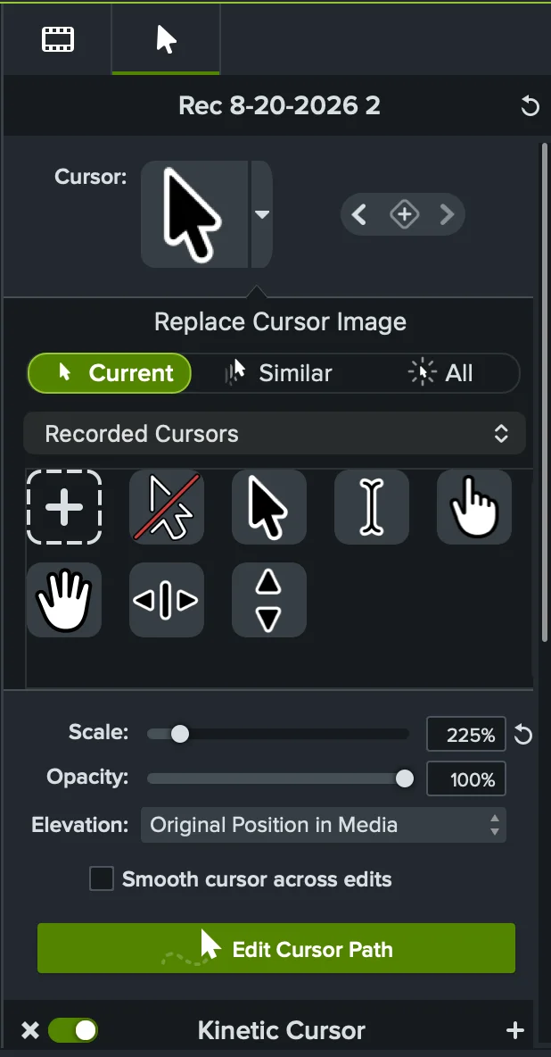 Camtasia cursor properties showing recorded cursor replacement choices, 225 percent scale, opacity, elevation, smoothing, and Edit Cursor Path controls