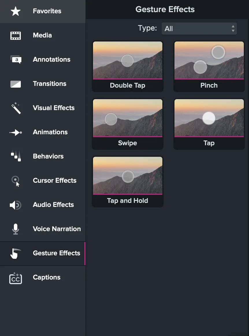 Camtasia Gesture Effects library showing double tap, pinch, swipe, tap, and tap-and-hold overlays