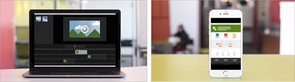 TechSmith tutorial example showing media presented inside desktop computer and iPhone device frames