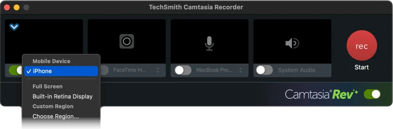 TechSmith Camtasia Recorder with iPhone selected from the Mobile Device section of the Screen source menu