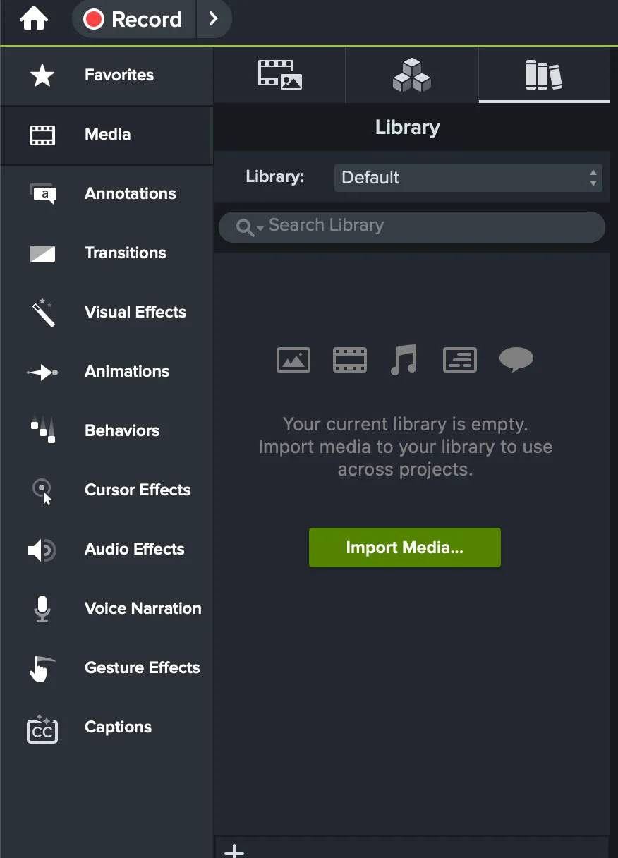 Camtasia Library tab with image, video, audio, text, and callout icons plus an Import Media button